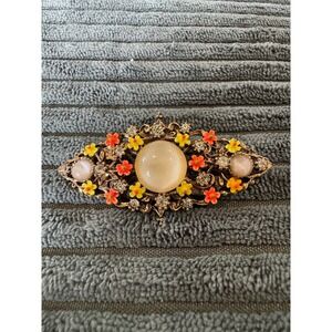 Vintage‎ ART Brooch Gold Tone Floral Enamel Rhinestone Cabochon Pin